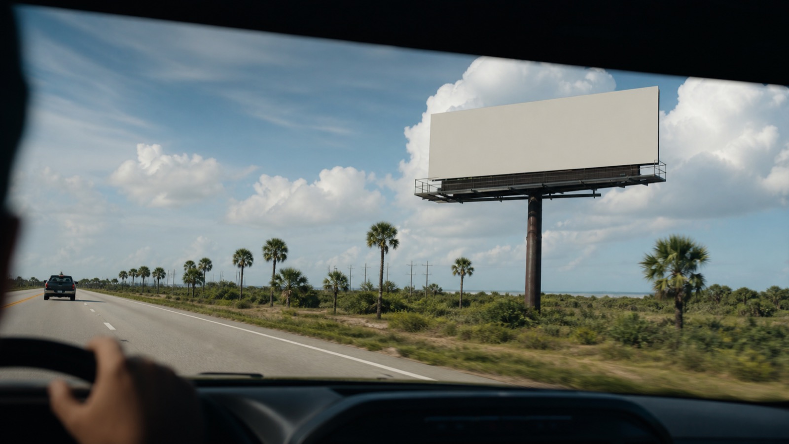 A driver passing a roadside billboard at speed