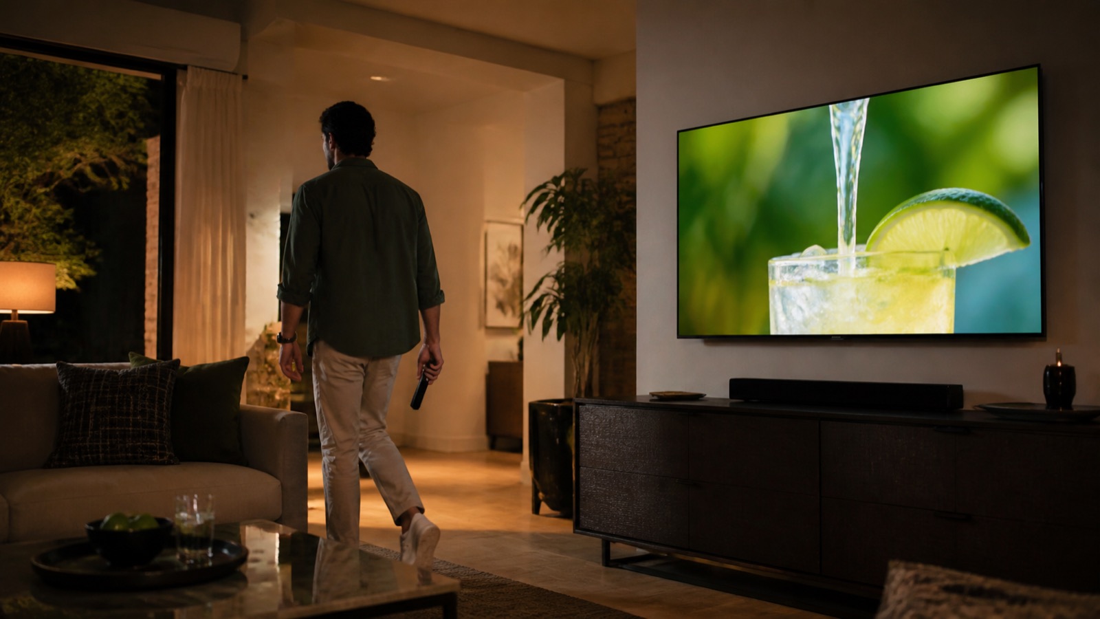A viewer walking away from a television during a commercial break