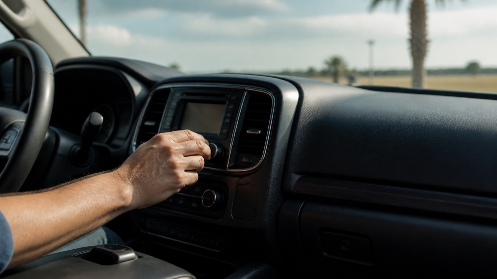 A hand changing a vehicle radio station