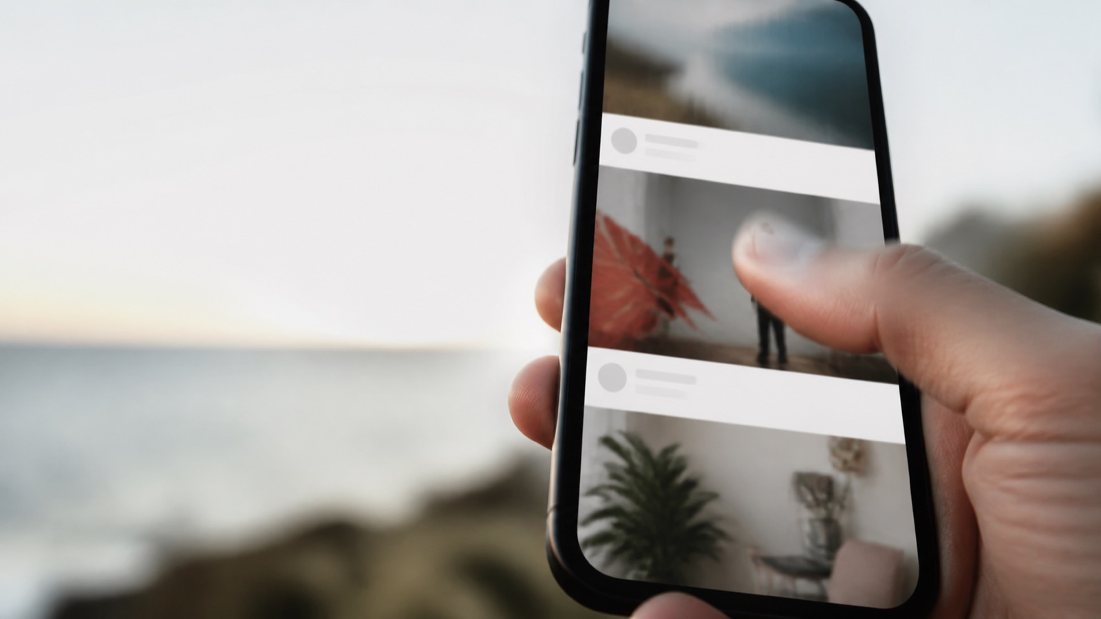 A thumb scrolling past a social advertisement on a phone