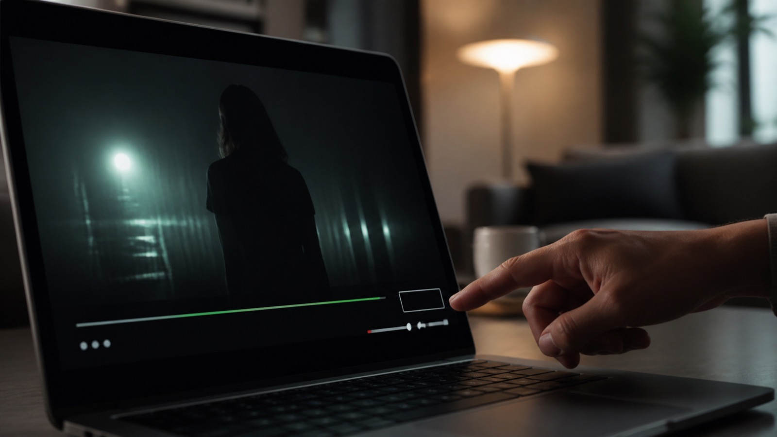 A finger about to skip an advertisement on a laptop